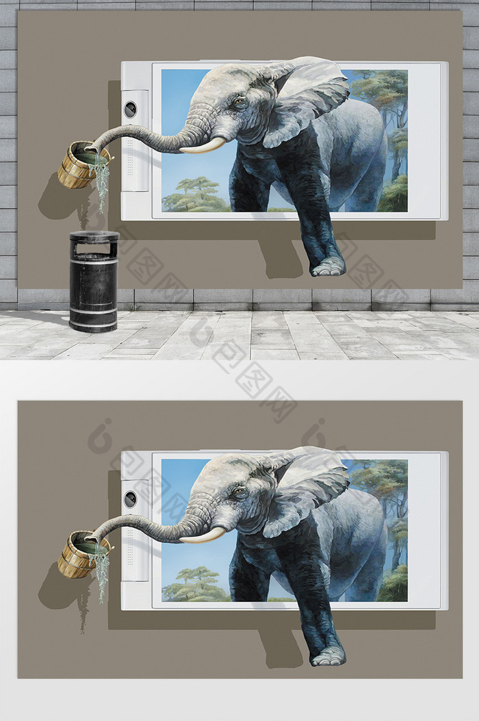 3D立体浮雕大象而出背景墙壁画