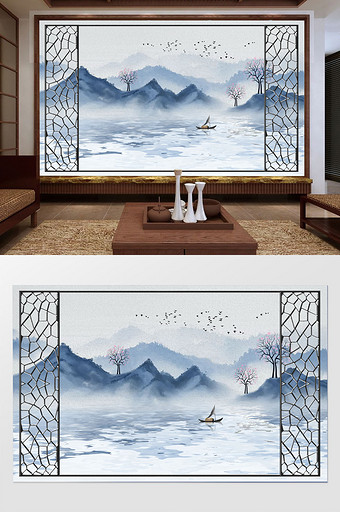 新中式蓝色山意境树倒影船鸟门框油画背景墙图片