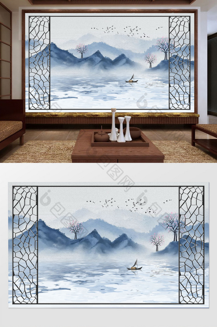 新中式蓝色山意境树倒影船鸟门框油画背景墙
