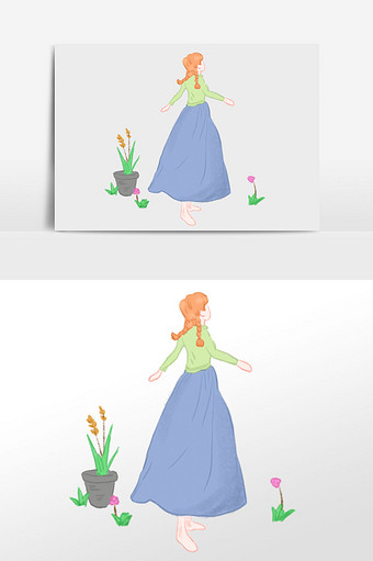 蓝色花卉女孩插画图片