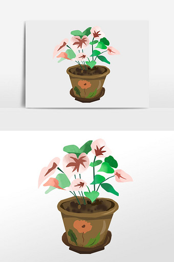 红色花卉盆景插画元素图片