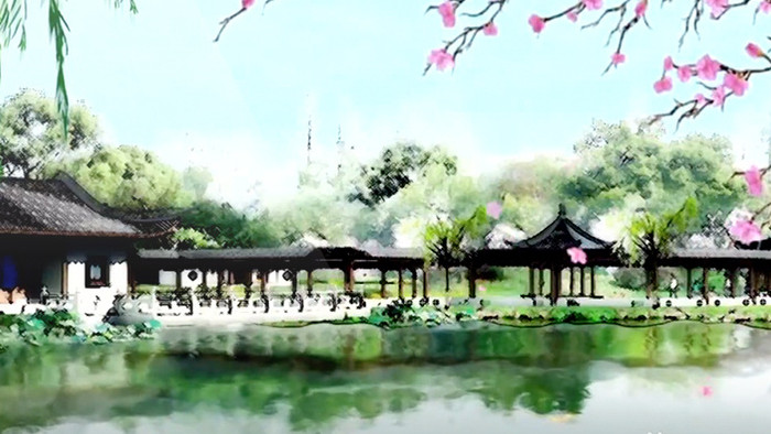 中国风格水墨庭院湖水展示视频素材