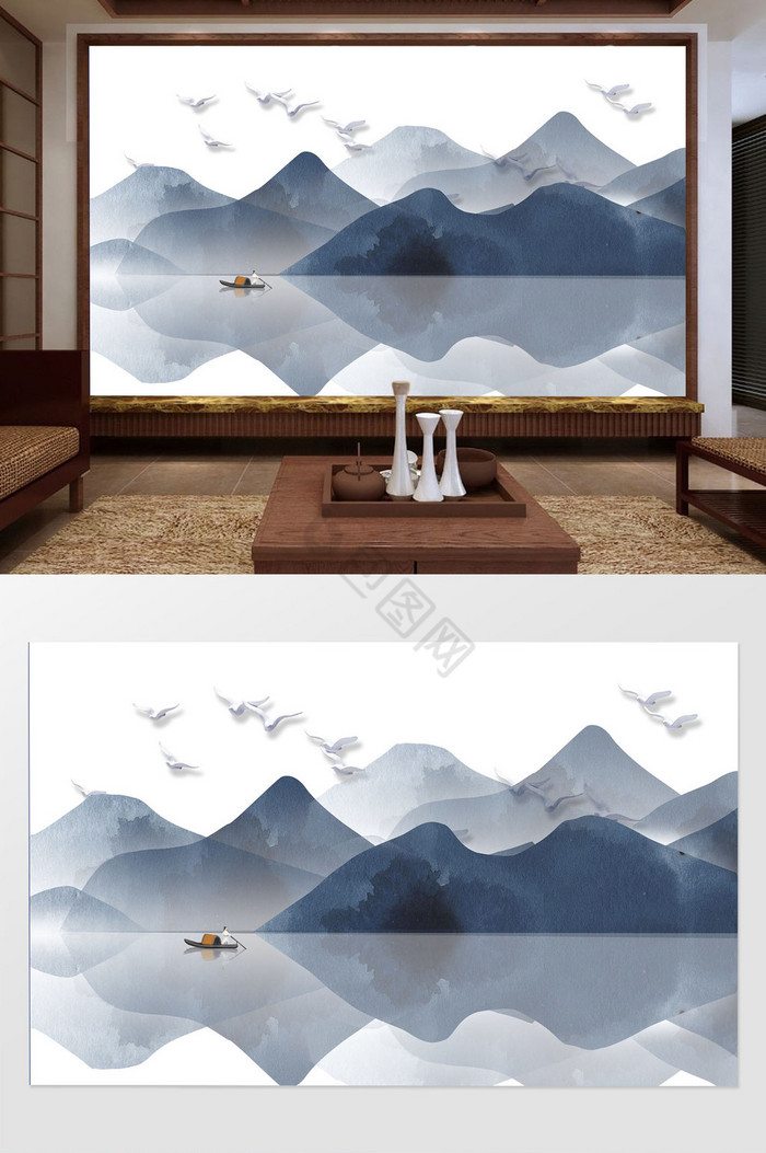 新中式简约蓝色水墨山水飞鸟倒影背景墙图片