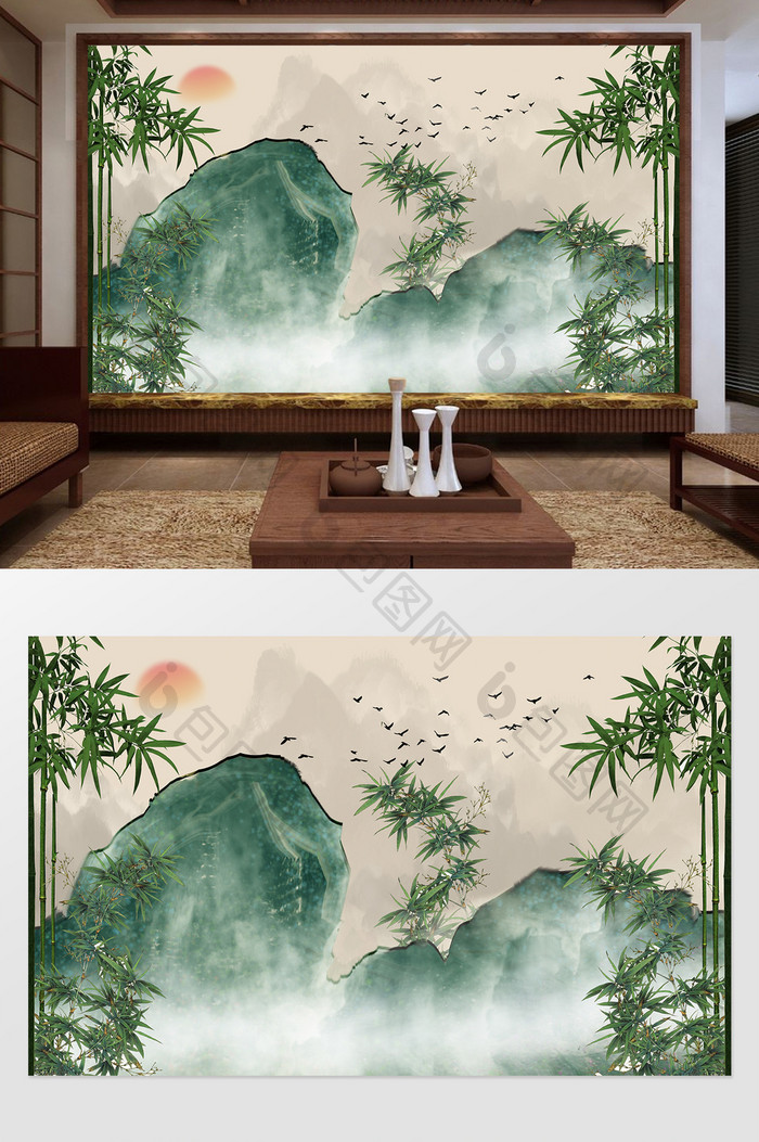 新中式绿色竹子山峦定制电视背景墙
