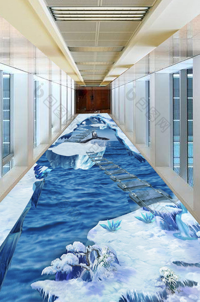 现代简约3D立体冰川世界唯美地板画