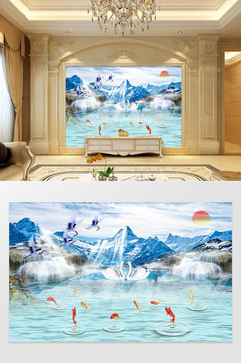 大理石纹意境山水画白鹤天鹅鲤鱼电视背景墙图片