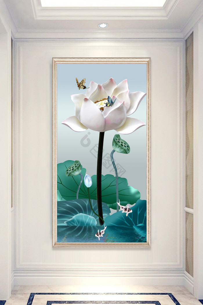 3d立体浮雕荷花玄关装饰画