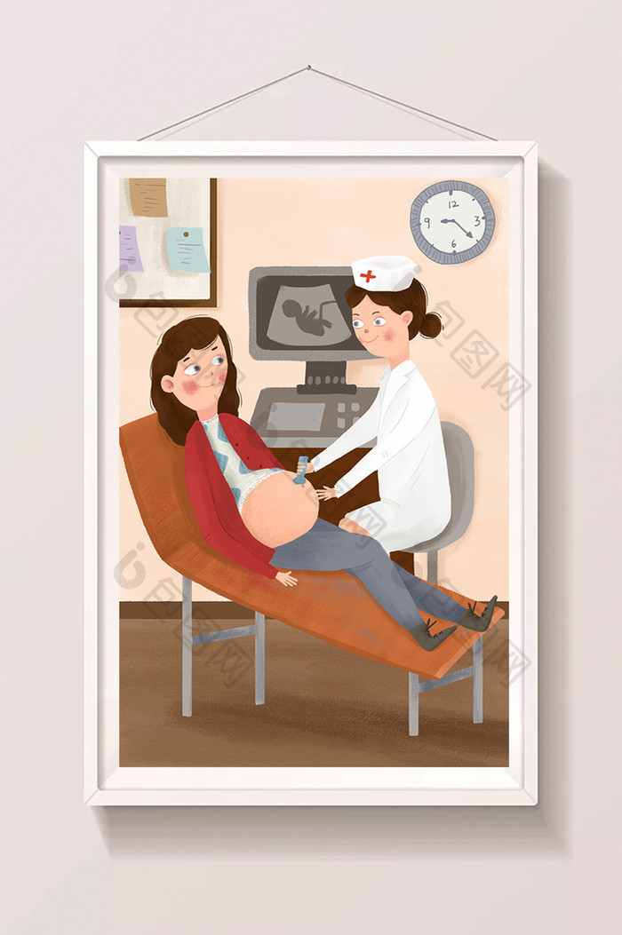 医院孕妇孕检手绘插画
