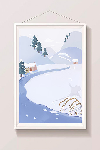 手绘雪地中的河流插画背景图片