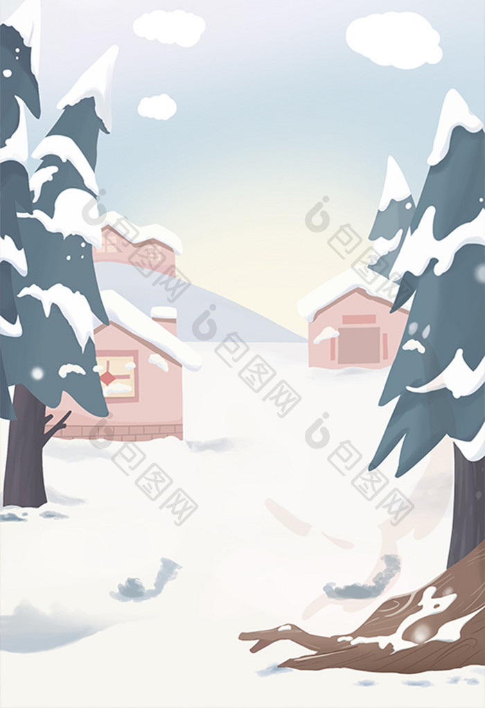 手绘雪山村庄插画背景