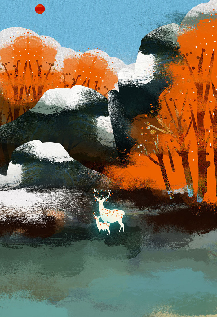 冬日梅花鹿肌理插画图片