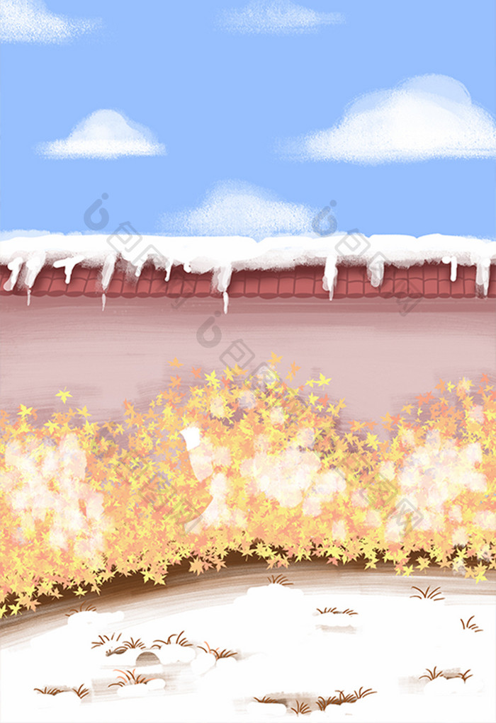 手绘院墙覆盖的雪插画背景