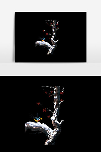 冷色系冬季国画树和鸟的插画图片