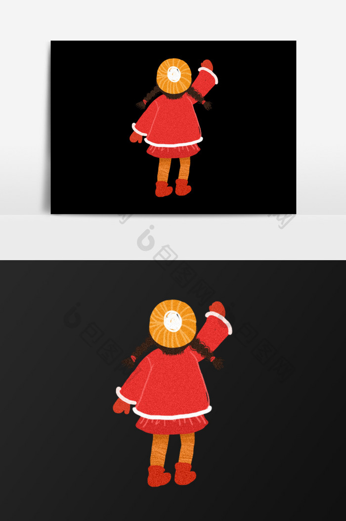 手绘红裙子的女孩插画元素