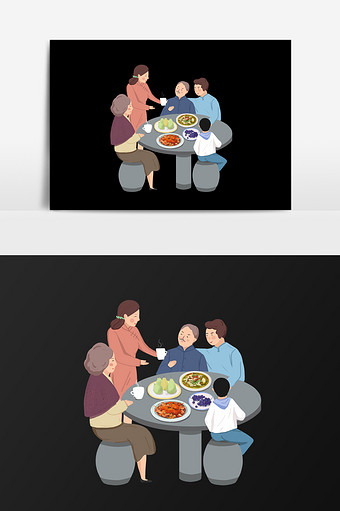 手绘一家人吃饭插画元素图片
