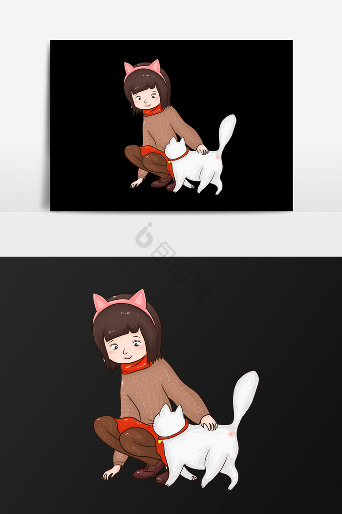 逗猫的女孩插画图片