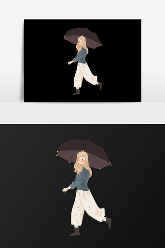 手绘打伞走的女人插画元素图片