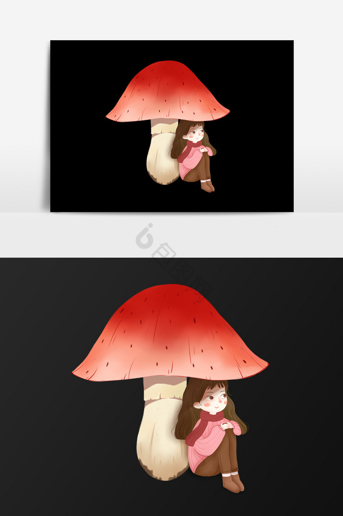 蘑菇下的少女插画图片
