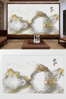 新中式抽象鎏金烟丝倒影飞鸟背景墙