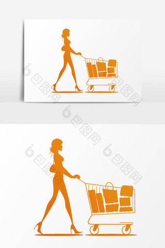 橙色推着购物车的女士剪影PSD元素图片