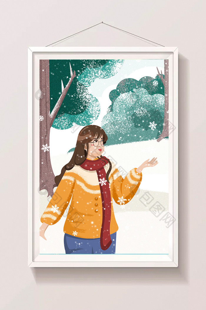 二十四节气小寒雪地吹雪花的女孩插画