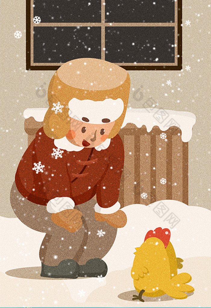 卡通小寒节气雪地男孩与小公鸡插画