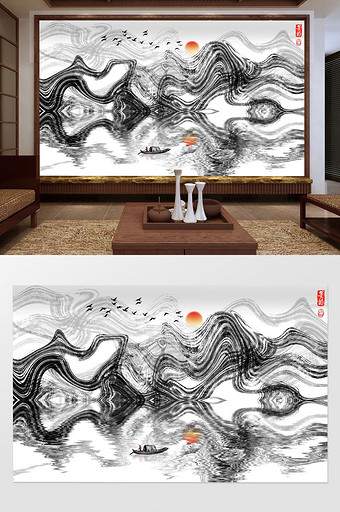 新中式抽象线条山水画电视背景壁画图片