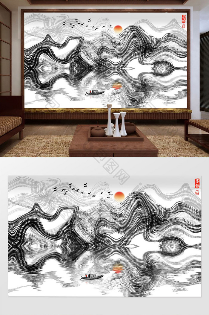 新中式抽象线条山水画电视背景壁画