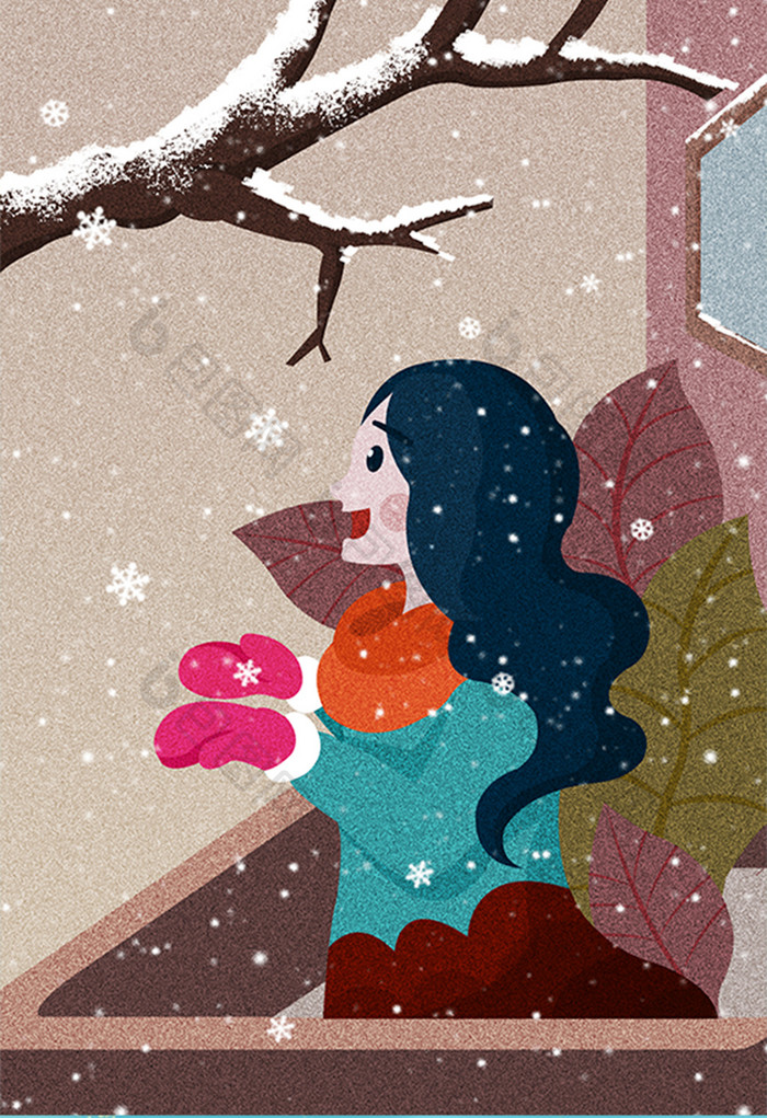 暖色系卡通小寒节气女孩站在阳台赏雪插画
