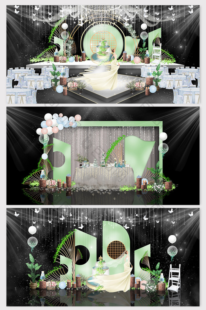 清新嫩绿色鲜花喷泉主题婚礼效果图
