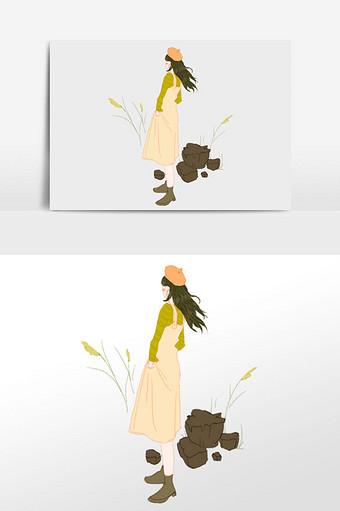 黄色美少女花卉人物插画图片