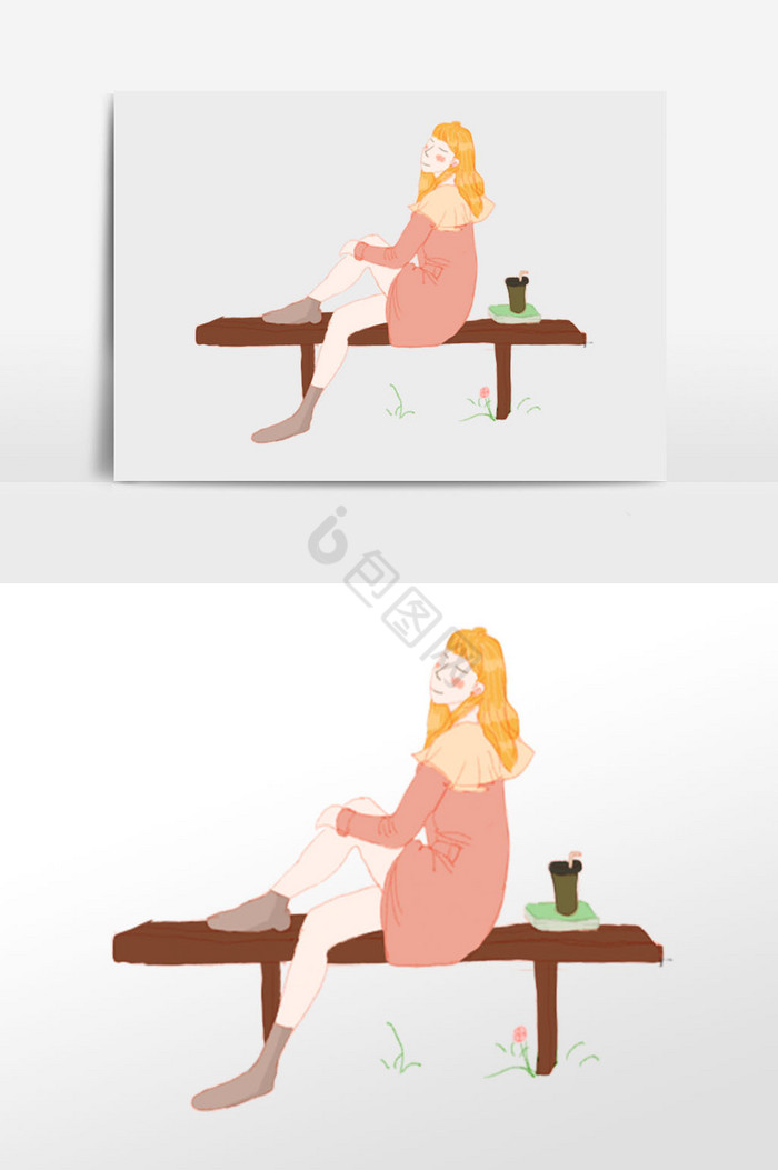 美少女坐椅子上花卉植物插画图片