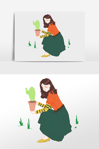 绿色美少女养花植物插画图片