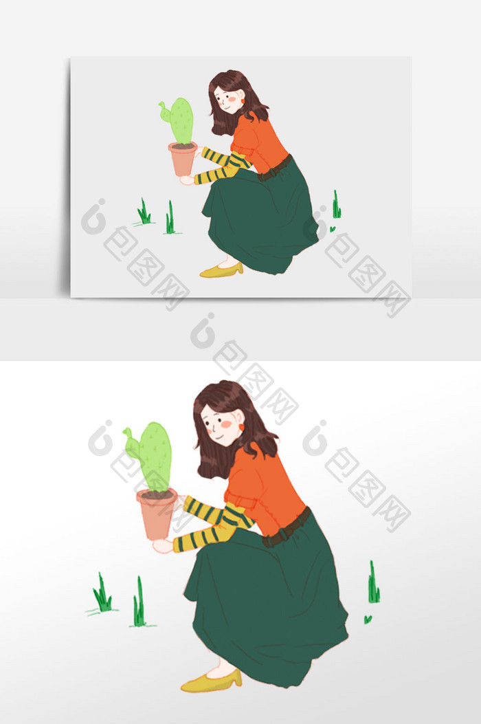 绿色美少女养花植物插画