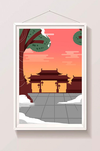 手绘夕阳下的广场插画背景图片