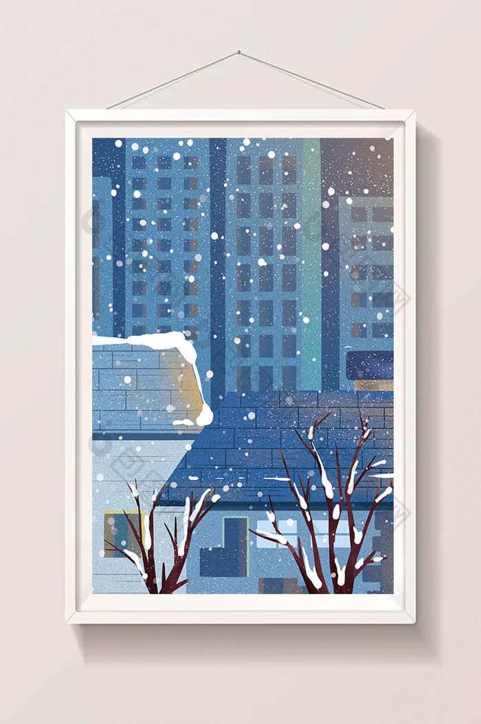 手绘雪中城市插画背景