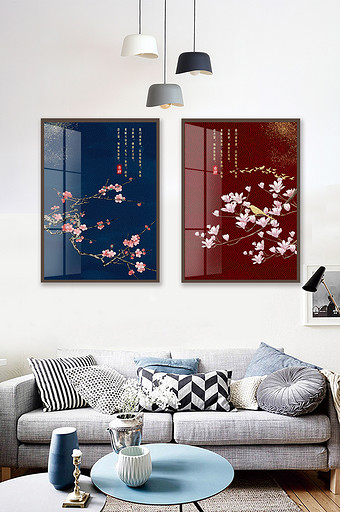 新中式意境梅花飞鸟晶瓷装饰画图片