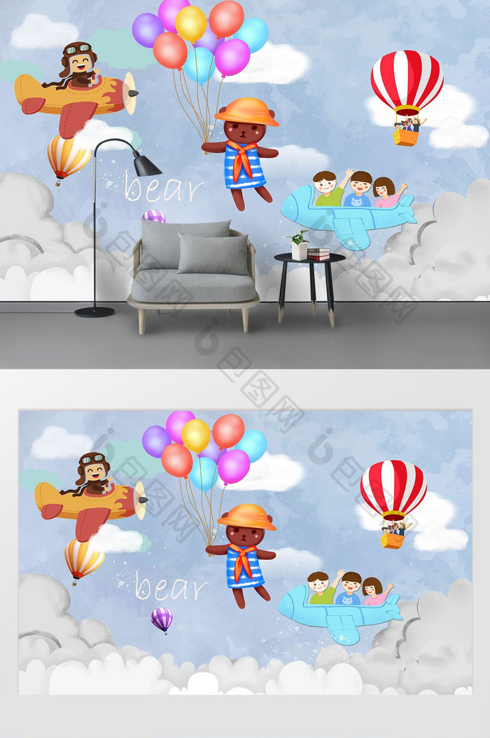 可爱卡通抓气球的小熊儿童房背景