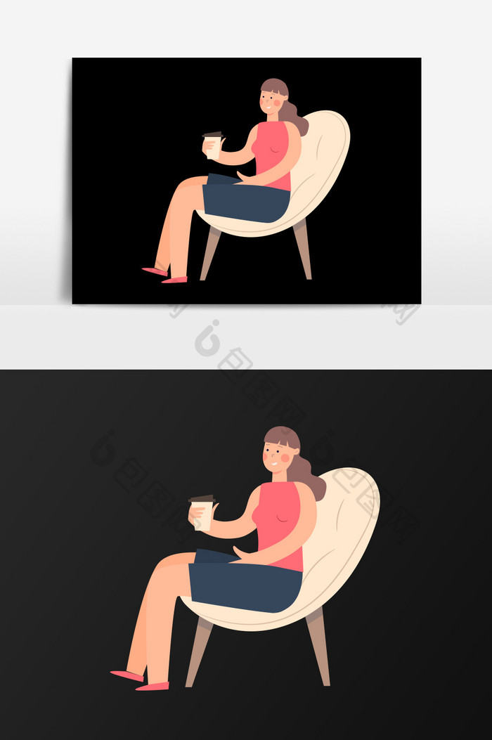 手绘坐椅子上的女人插画元素