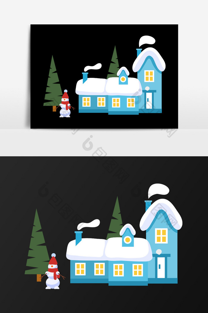 手绘房子外的雪人插画元素