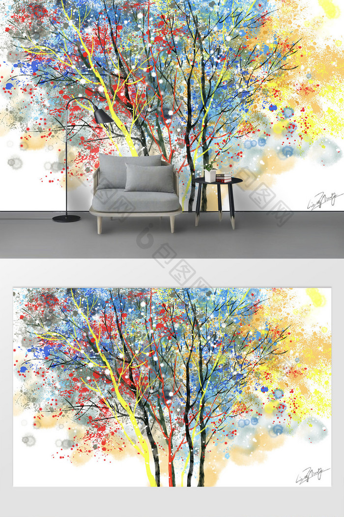 现代手绘抽象树生命树油画背景墙