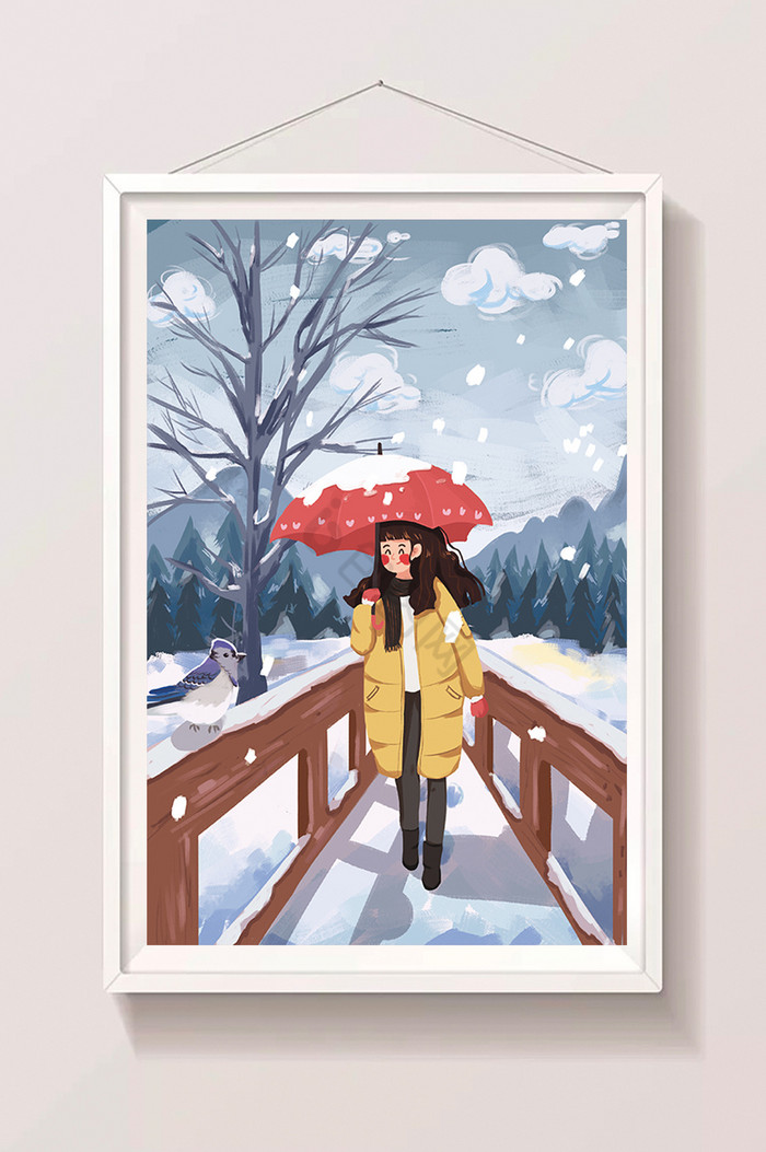 小寒少女雪景风景插画图片