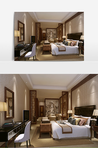 新中式风格酒店标间设计效果图图片