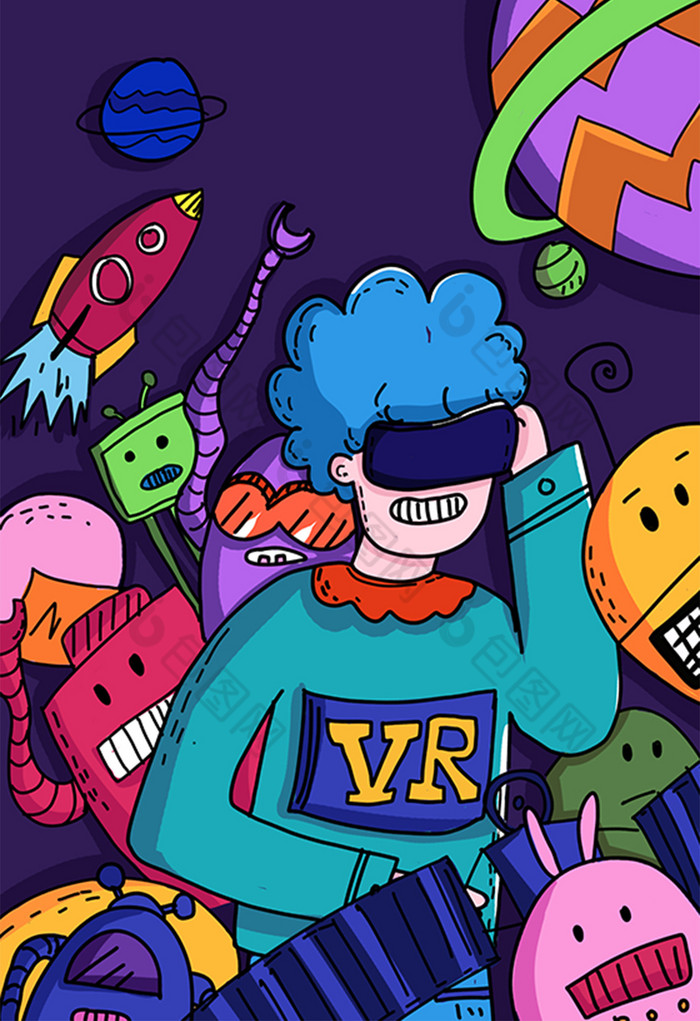 涂鸦风格vr科技闪屏插画