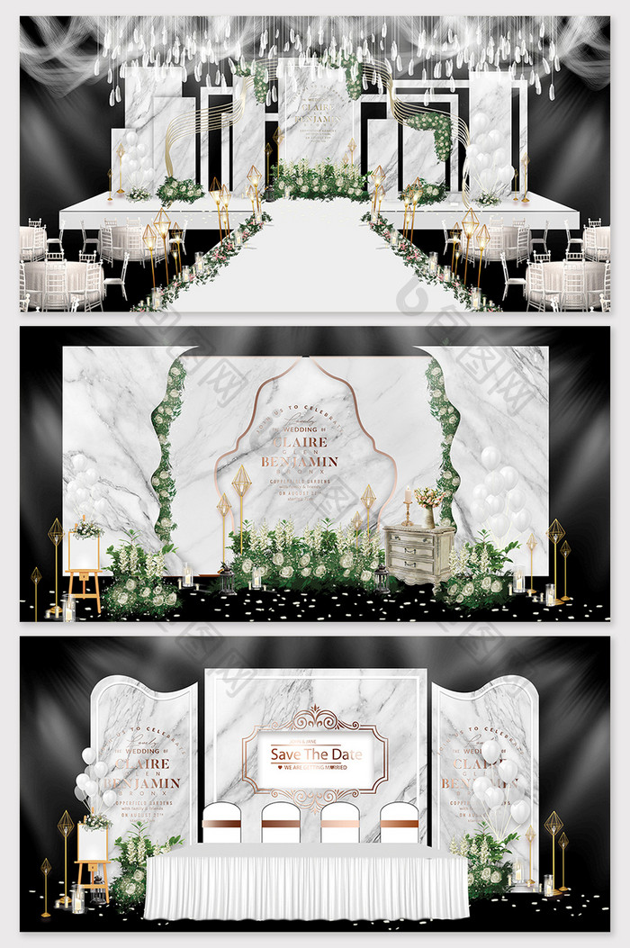 现代简约白色大理石纹理森系主题婚礼效果图
