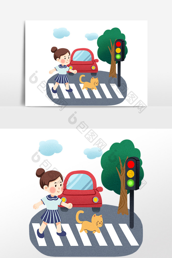 交通安全女孩过马路手绘插画