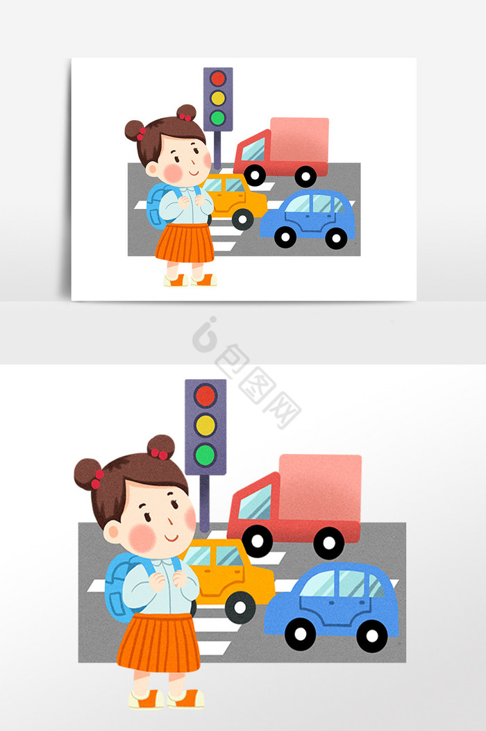 交通安全女孩过马路插画图片
