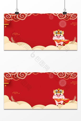 新年猪年中国风舞狮红色背景图片