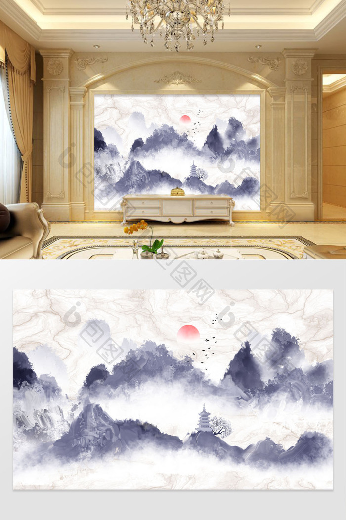 新中式水墨国画抽象山水背景墙定制装饰效果图-【包图网】