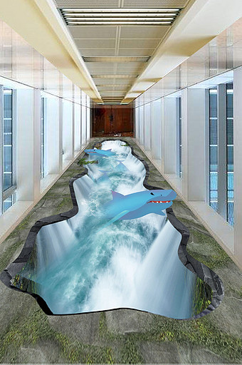 3D立体瀑布鲨鱼岩石地板画图片